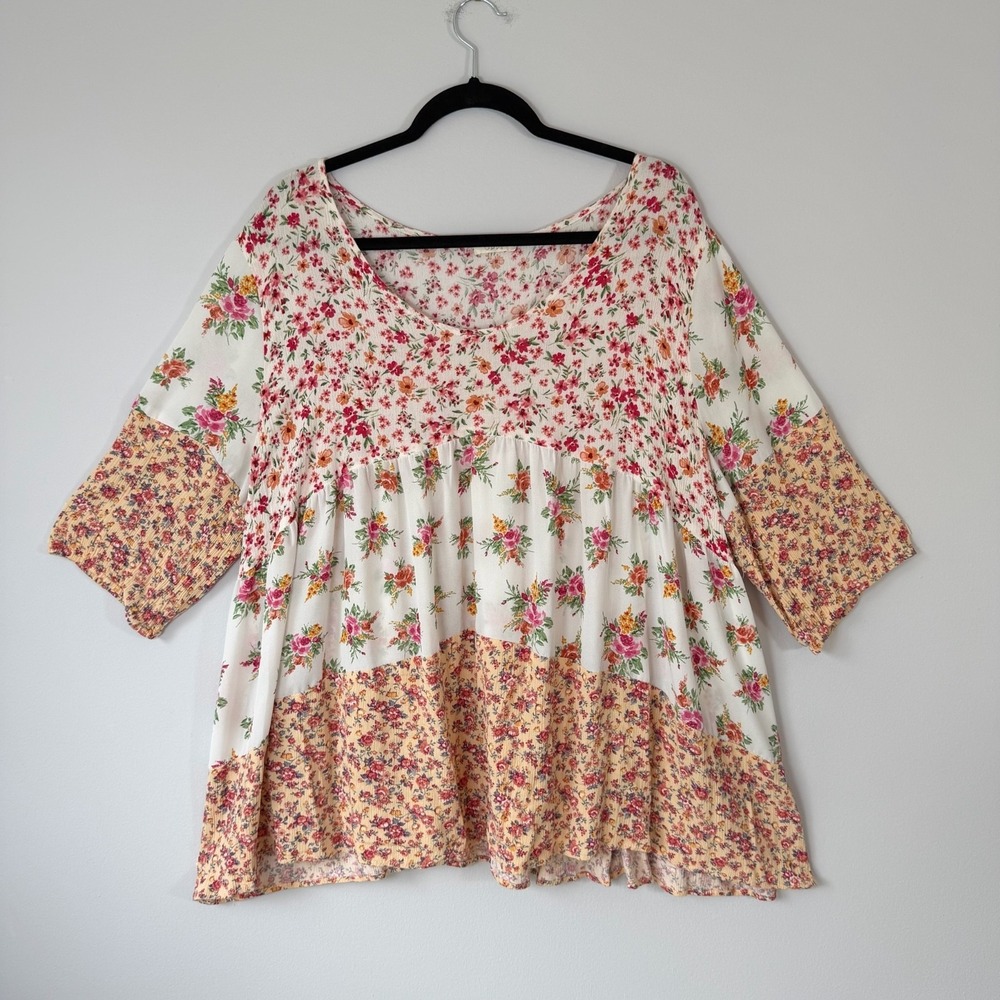 ODDI Floral Patchwork Babydoll Tunic Top Cottagecore Boho Peasant USA XXL 2XL